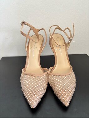 Jessica Simpson Nude Crystal Mesh Pointed-Toe Ankle Strap Heels